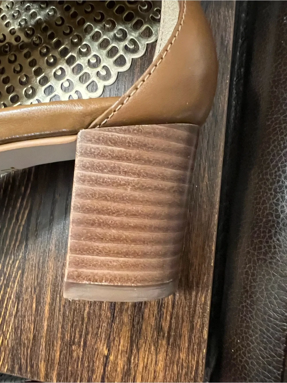 Michael Kors Cognac Leather Block Heel Sandals with Buckle